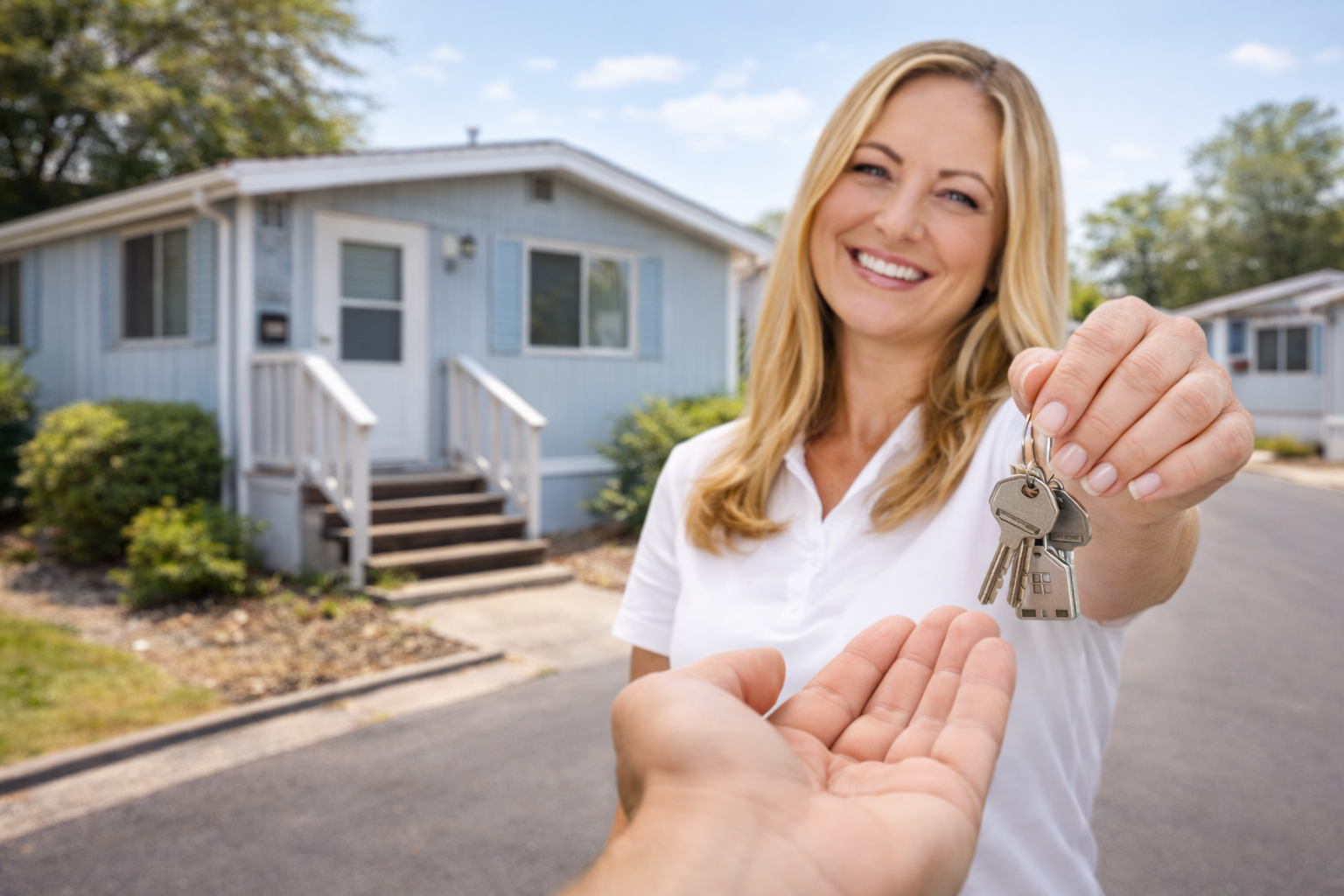 Homeowner handing over keys after selling a manufactured home in a mobile home park.