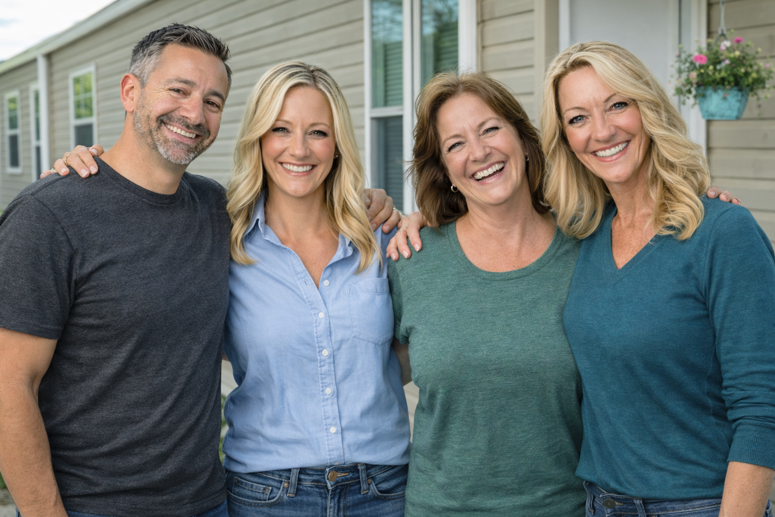 Real estate team standing with a happy manufactured home seller outside her home, smiling together with arms around each other