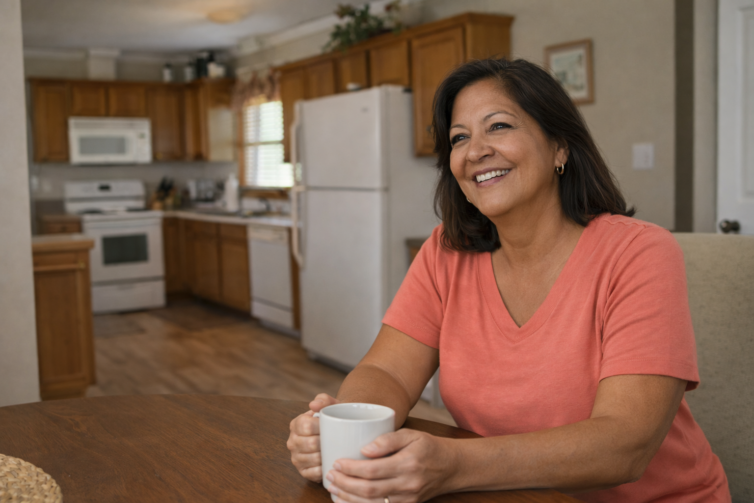 Latina homeowner sitting at a kitchen table inside a manufactured home, smiling with a sense of relief after a smooth home sale