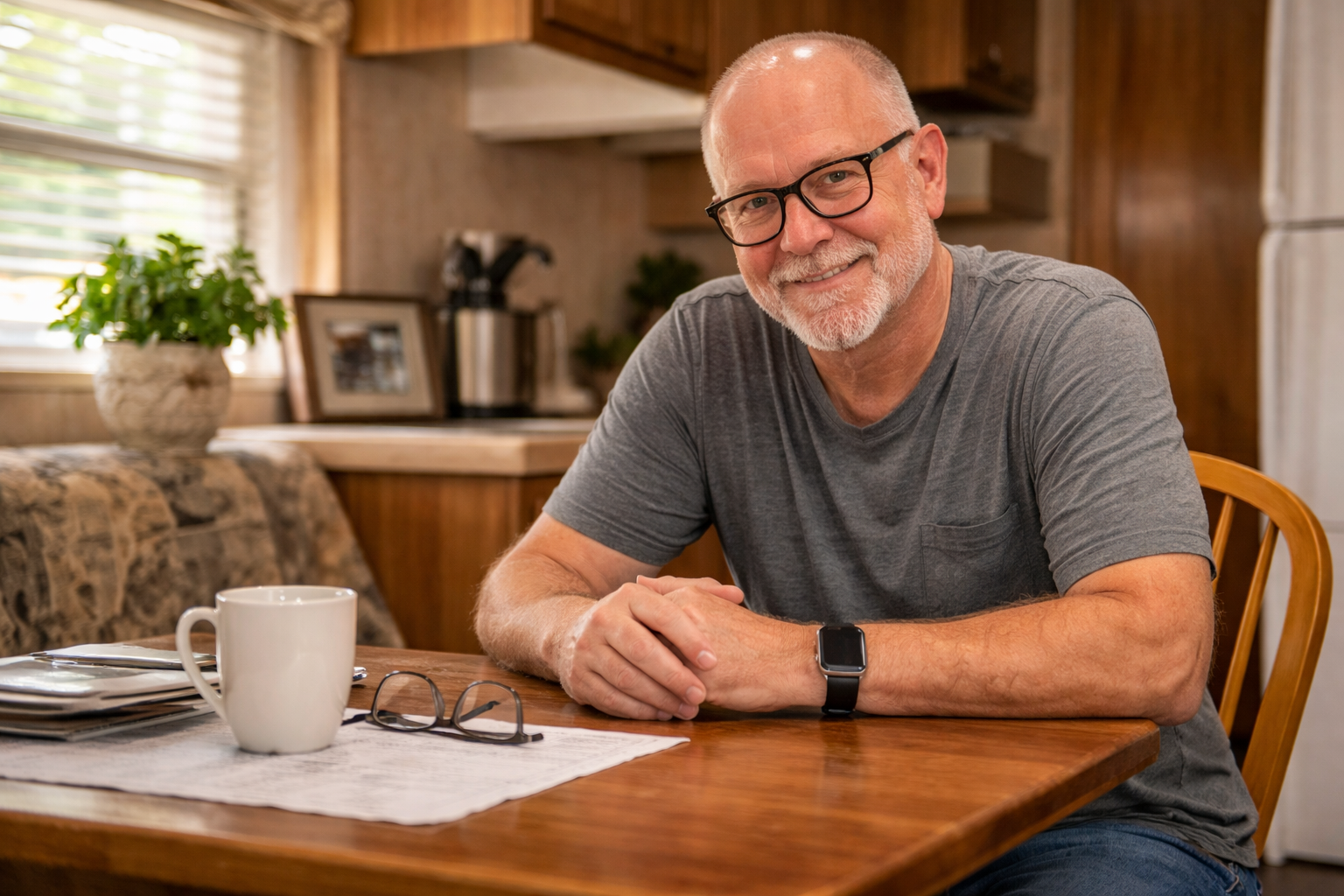 Middle-aged homeowner sitting at a kitchen table inside a manufactured home, relaxed after a smooth and stress-free home selling experience