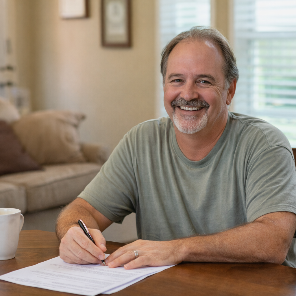 Homeowner signing paperwork after selling a manufactured home