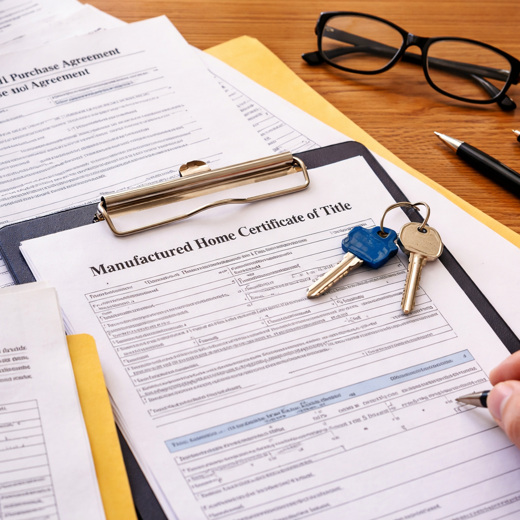 Paperwork and documents related to a manufactured home title or ownership transfer.