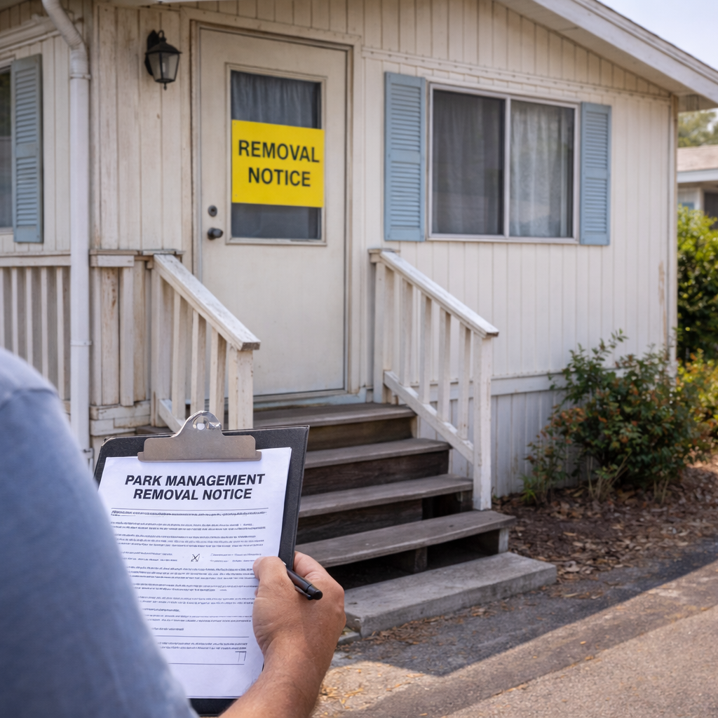 Manufactured home in a mobile home park with a notice posted requiring the home to be removed.